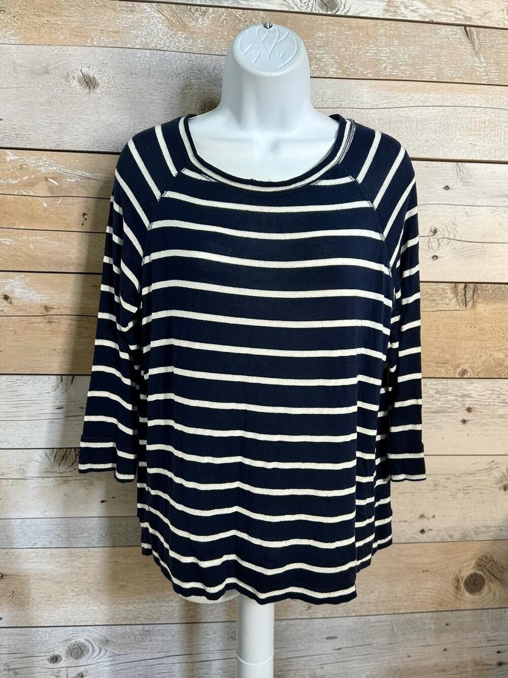 MIX By 41 Hawthorn Blue White Striped Top Sz Large 3/4 Sleeve Blouse Shirt